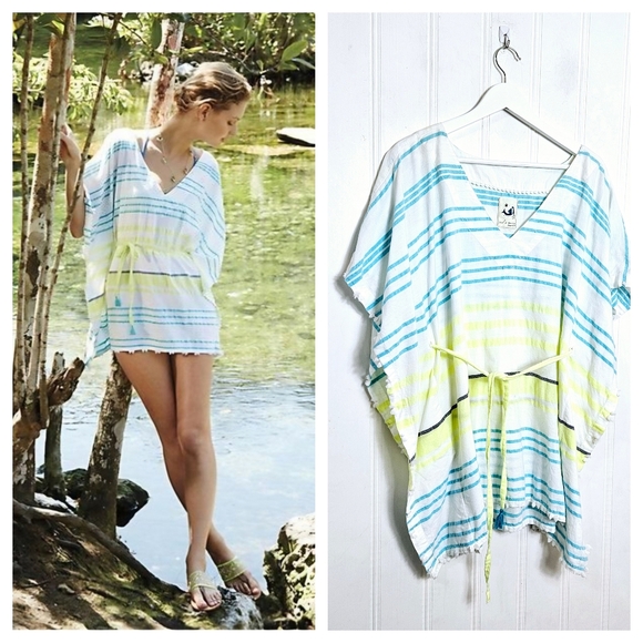 Anthropologie Other - Anthropologie Mermaid Swimsuit Cover Up White Stripe Belted Poncho Womens XS/S